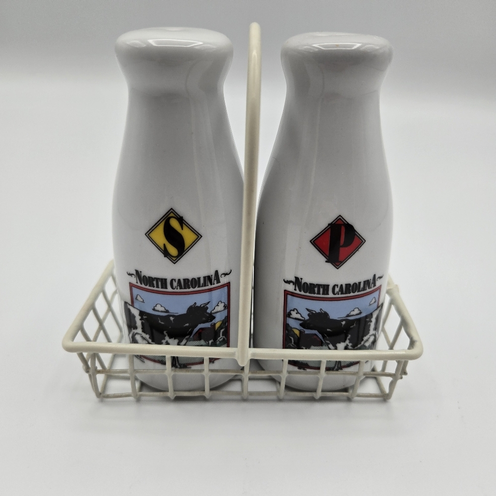Vintage Farmhouse Salt & Pepper Shakers North Carolina Milk Bottles Basket Caddy